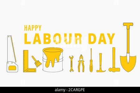Happy Labour Day poster with different occupational tools such as hand hammer wrench saw and pliers. Vector Illustration. Stock Vector