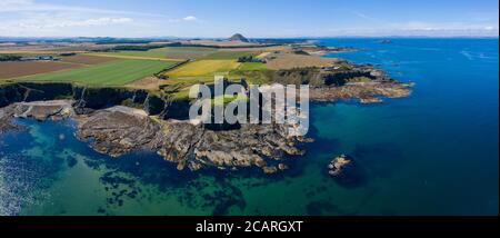 Aerial view of Tantallon Castle, a ruined mid-14th-century fortress, located 5 kilometres east of North Berwick, in East Lothian, Scotland. Stock Photo