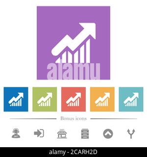 Rising graph flat white icons in square backgrounds. 6 bonus icons included. Stock Vector