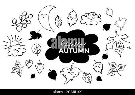 Vector set of autumn drawings. Leaves, moon and cloud with cute faces and closed eyes. Use for fall design and decoration. Vector. outline. Isolated Stock Vector