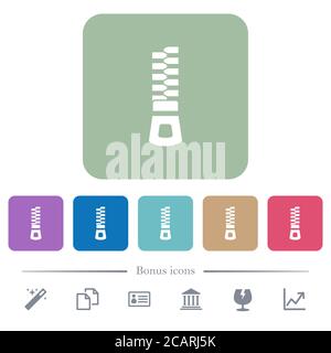 Vertical zipper white flat icons on color rounded square backgrounds. 6 bonus icons included Stock Vector