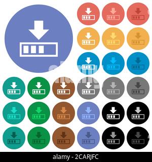 Download in progress multi colored flat icons on round backgrounds. Included white, light and dark icon variations for hover and active status effects Stock Vector