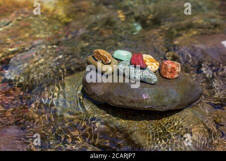 Collection of colorful wet river rocks sits on top of a larer rock in a shallow river bed. Stock Photo
