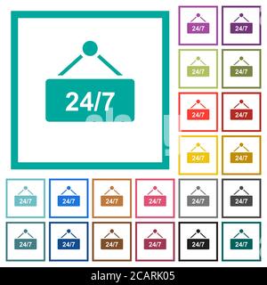 hanging table with 24h seven days a week flat color icons with quadrant frames on white background Stock Vector