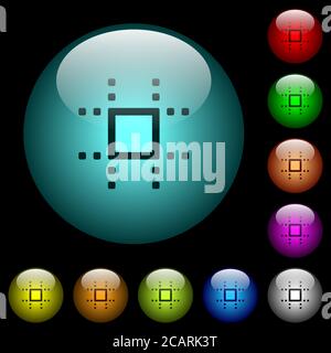 Snap to grid icons in color illuminated spherical glass buttons on black background. Can be used to black or dark templates Stock Vector