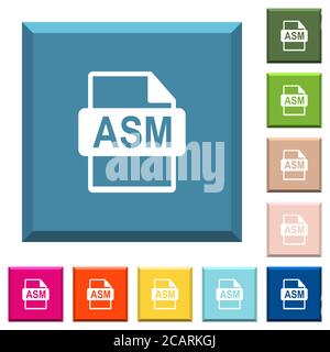 ASM file format white icons on edged square buttons in various trendy colors Stock Vector