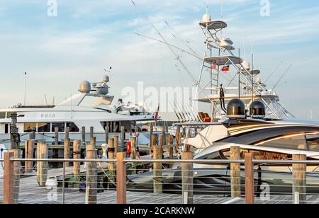Detail image of the yachts on Long Wharf in Sag Harbor, NY Stock Photo