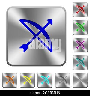 Bow with arrow engraved icons on rounded square glossy steel buttons Stock Vector