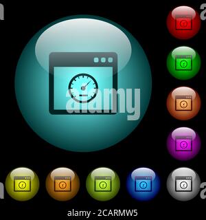Speedometer icons in color illuminated spherical glass buttons on black ...