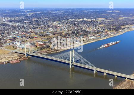 Aerial Photo of Suspension Bridge over Mississippi River in Cape Girardeau, Missouri Stock Photo