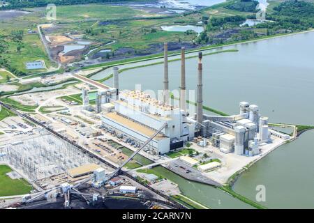 Aerial Photo of Coal Burning Electrical Power Plant Stock Photo