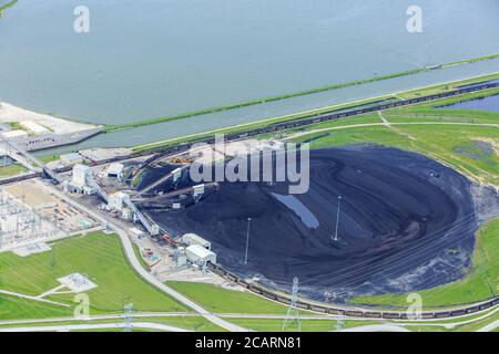 Aerial Photo of Coal Stockpile at Power Plant Stock Photo