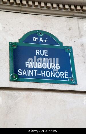 Faubourg, Saint Honore Street Sign; Paris; France Stock Photo
