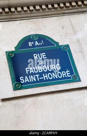Faubourg Saint Honore Street Sign; Paris, France Stock Photo