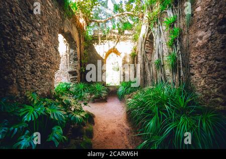 Sintra, Portugal - February 5, 2019: Ancient ruined roofless chapel in the botanical park of Monserrate, famous palace in Sintra, Portugal, on februar Stock Photo