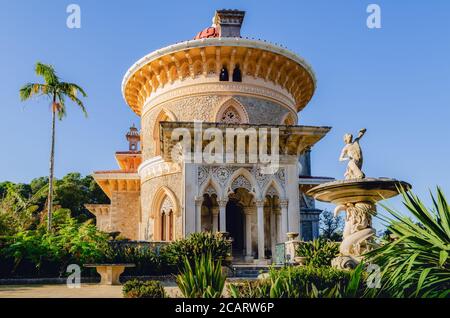 Sintra, Portugal - February 5, 2019: Exterior view of the Monserrate palace in Sintra, Portugal, on february 5, 2019. Detail of the facade with arabic Stock Photo