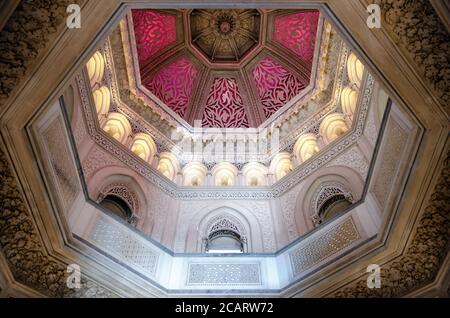 Sintra, Portugal - February 5, 2019: Monserrate palace in Sintra, Portugal, on february 5, 2019. Detail of the ceiling with arabic themed decorations Stock Photo