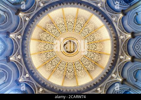 Sintra, Portugal - February 5, 2019: Monserrate palace in Sintra, Portugal, on february 5, 2019. Detail of the ceiling with arabic themed decorations Stock Photo