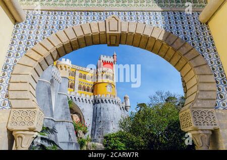 Sintra, Portugal - February 4, 2019: Exterior view of the Pena Palace, famous colorful castle from the romantic age in Sintra, Portugal, on february 4 Stock Photo