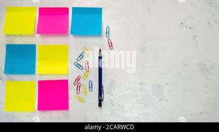 Set of several blank colorful notes with copy space for text on light background.  Concept prepare for teamwork or brainstorming. Stock Photo