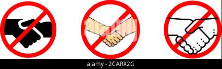 No handshake icon with red forbidden sign, avoiding physical contact and corona virus infection. vector icon set Stock Vector