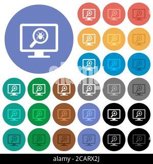 Spyware scanning multi colored flat icons on round backgrounds. Included white, light and dark icon variations for hover and active status effects, an Stock Vector
