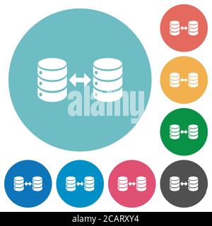 Syncronize databases flat white icons on round color backgrounds Stock Vector