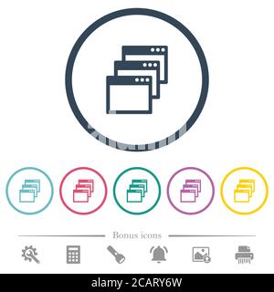 Cascade window view mode flat color icons in round outlines. 6 bonus icons included. Stock Vector