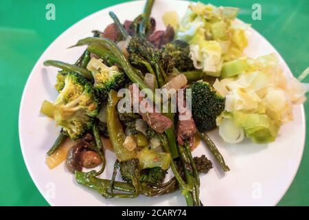 fresh homemade Broccoli and beef stir-fry meal on a white plate Stock Photo