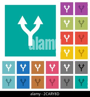 Split arrows up multi colored flat icons on plain square backgrounds. Included white and darker icon variations for hover or active effects. Stock Vector