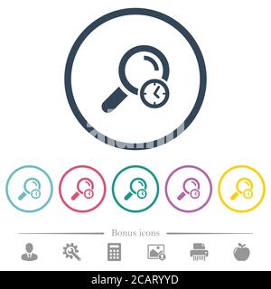 Query time flat color icons in round outlines. 6 bonus icons included. Stock Vector