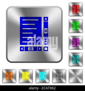 Document with content and scroll bars engraved icons on rounded square glossy steel buttons Stock Vector