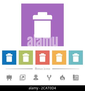 Single trash flat white icons in square backgrounds. 6 bonus icons included. Stock Vector