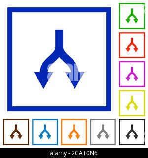 Split arrows down flat color icons in square frames on white background Stock Vector