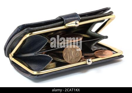 Small money in wallet against white background Stock Photo