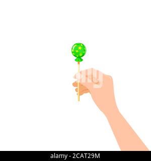 Hand hold candy wrapper dessert sweetness. Vector illustration isolated cartoon style Stock Vector