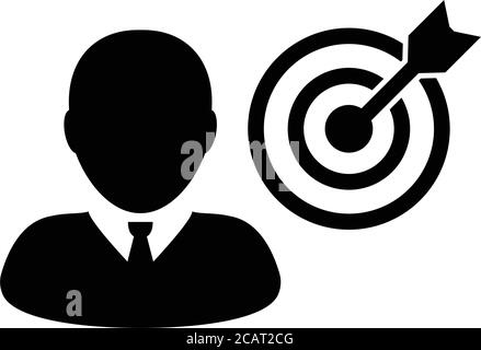 Game icon vector bullseye target dartboard with male user profile avatar symbol for business development goals in glyph pictogram illustration Stock Vector