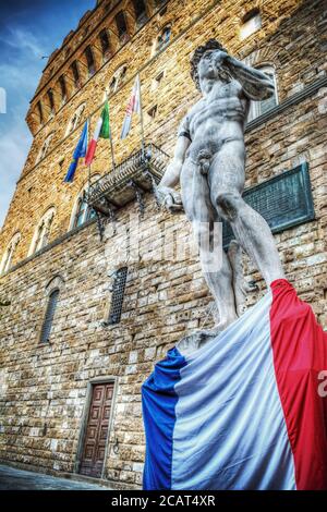 Michelangelo's David with mourning band and France flag in hdr Stock Photo