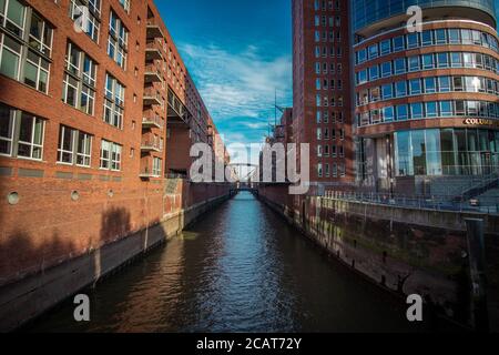 Historical warehouses on the Zollkanal canal in Speicherstadt district in Hamburg, Germany Stock Photo