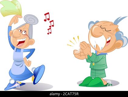 The vector illustration shows an elderly active couple in a cartoon style. Grandma dances and grandfather applauds her. Stock Vector