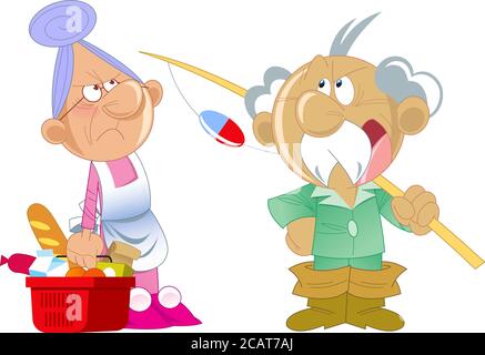 The vector illustration depicts an elderly active couple in a cartoon style. Grandma was shopping at the store, and grandfather goes fishing. Stock Vector