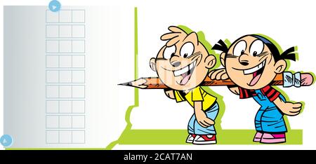 Vector girl and boy school children solve a task. The illustration is made in a cartoon style. Stock Vector