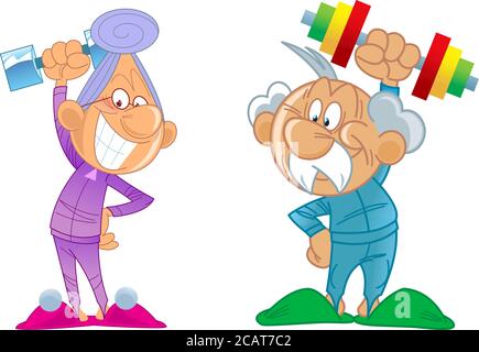 The vector illustration depicts an elderly active couple in a cartoon style. Grandparents go in for sports Stock Vector