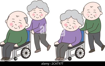 Couple of elderly people in a wheelchair. Vector illustration isolated on white background. Stock Vector