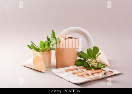 Paper dishes, craft design for fast food, catering, takeaway. The concept of eco-friendly and environmental friendliness, recyclable and biodegradable materials. Free space for text Stock Photo