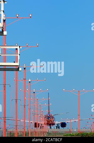 ILS (instrument landing system) antenna at Lisbon Airport, with Boeing ...