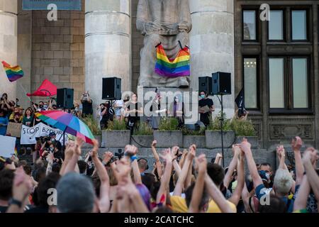 Protesters gesturing during the speech at the demonstration.The Stop Bzdurom organized a protest in solidarity with the detained transsexual activist Margot with the slogan 'You will never walk alone - in solidarity against queerphobia' and in response to the increasingly faster hate campaign against LGBTQ+ community and the recent detentions of activists. Stock Photo