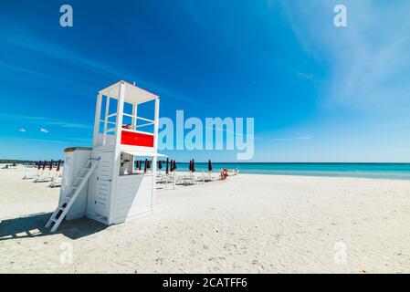 white lifeguard hut in La Cinta beach, Sardinia Stock Photo