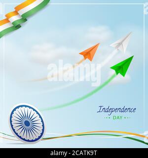 Indian Independence Day with Indian Tri colors flying Paper Jet Planes with Trails, Ashoka wheel, National Indian Flag Tricolours wave on Cloudy Blue Stock Vector