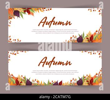 Set of banners with colorful autumn maple, rowan, alder and aspen leaves and branches. Web design. Vector illustration in flat style. Stock Vector